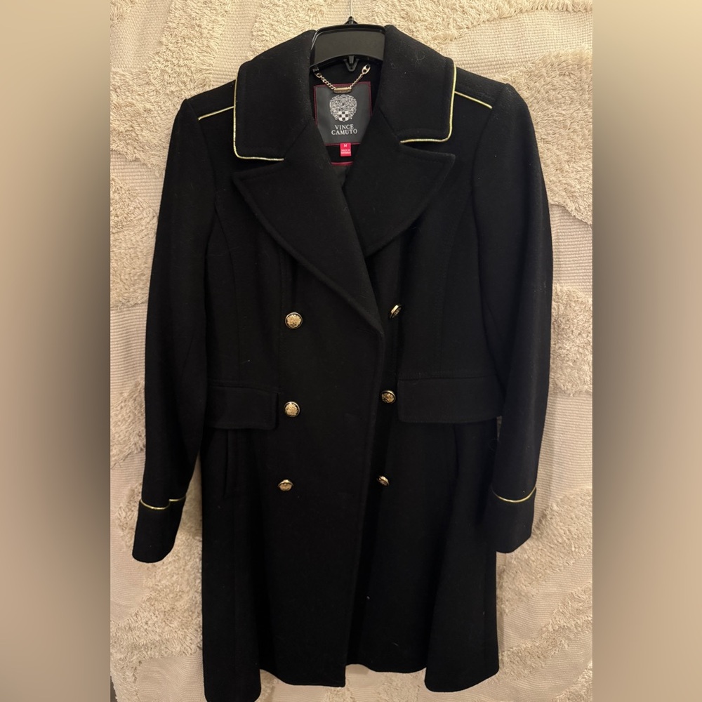 Vince Camuto Black and Gold Wool Blend Double Breasted Coat. Military Style